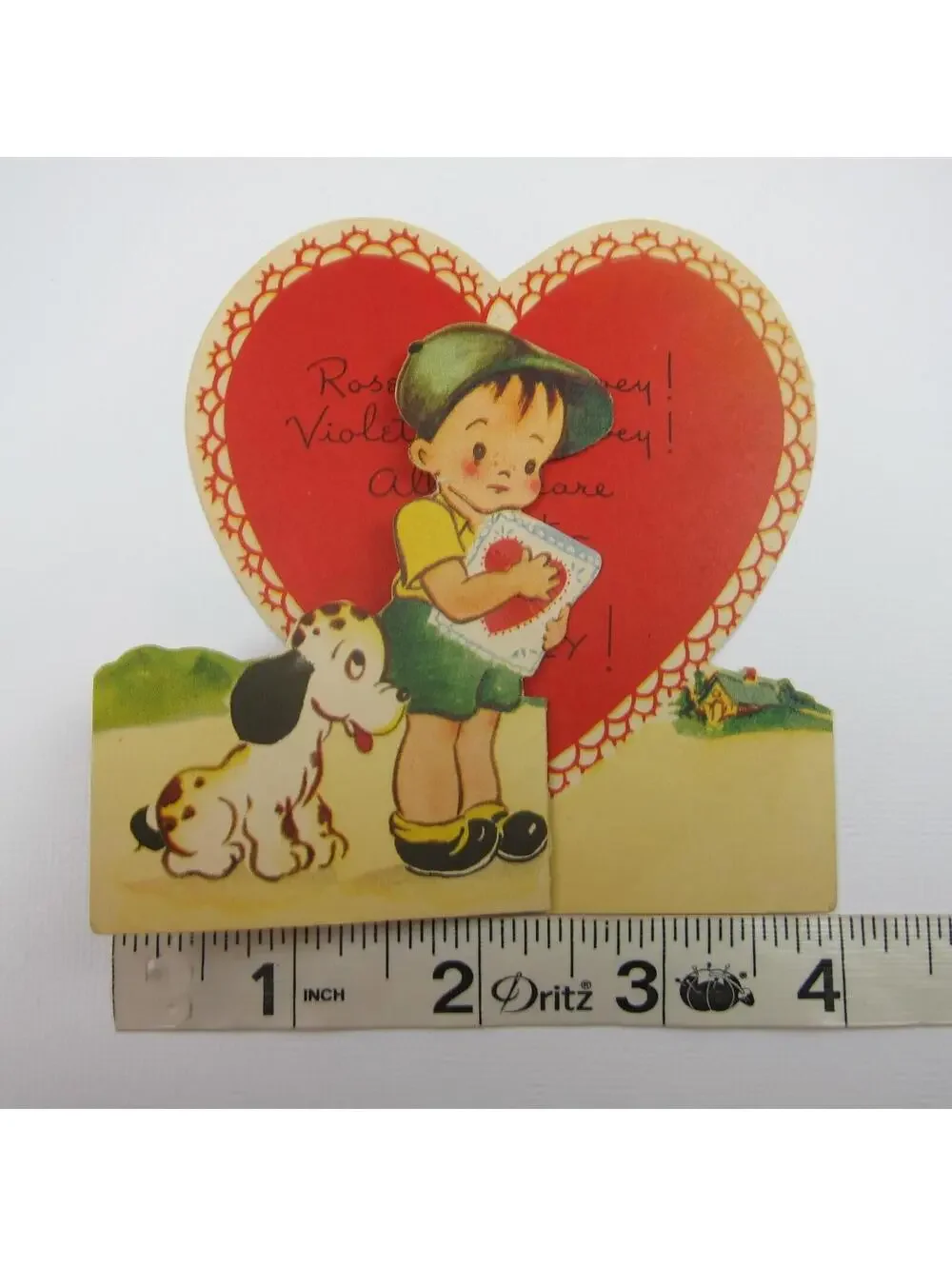 Vintage Valentine Boy & Dalmatian Puppy Dog Red Heart Card Foldout Americard